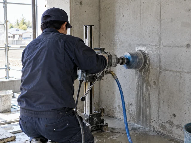 作業員が水道工事現場で穴あけ作業をしているイメージ画像