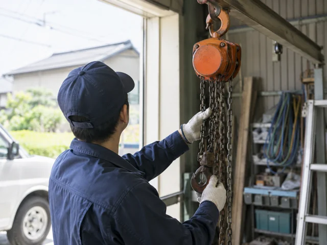 査定スタッフが出張先でチェーンブロックを点検している様子