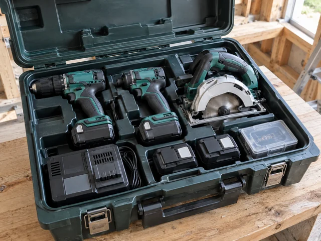 工具箱に収納されたHiKOKIの電動工具一式